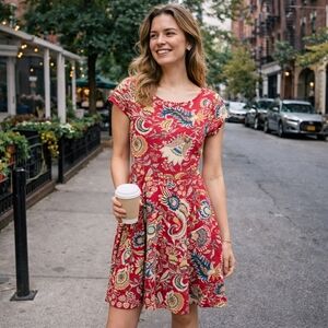 Chaps 100% Cotton Paisley Print Fit & Flare Dress Red Boho Cottagecore Summer